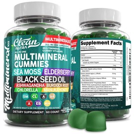 Sea Moss Gummies | Clinically Tested - Black Seed Oil Ashwagandha Elderberry Burdock Root Chlorella Manuka Honey - Vegan Irish Sea Moss Gummy Vitamins for Adults Kids Men Women - Green Apple Flavor