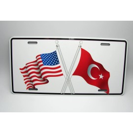 DIGIART INTERNATIONAL TURK TURKISH TURKIYE FLAG AMERICAN FLAG METAL CAR NOVELTY LICENSE PLATE AUTO TAG