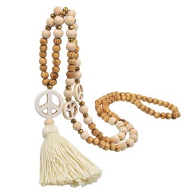 Holibanna Natural Wooden Long Tassel Fringe Strand Necklace Wooden Beads Peace Sign Sweater Necklace Women Tassel Charm Pendant Necklace Sweater Chain Jewelry