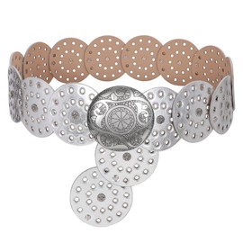 LEACOOLKEY Women Wide Concho Leather Belts Western Disc Waist Belts Ladies Western Belt Boho Disk Concho Belt for Dress