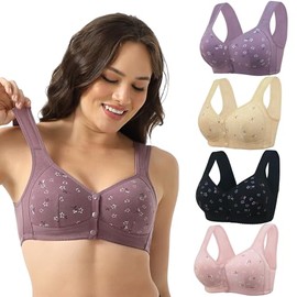 Daisy Bras for Women, Front Snap Closure Padded Bra for Older Senior Women, Comfortable and Convenient, No Underwire, 36, Beige Black Pink Purple 4pcs