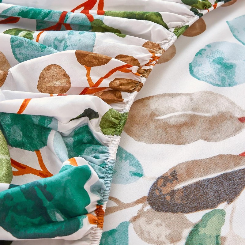 Jemiipee Double Fitted Sheet Green Tropical Leaves Pattern, 30 cm