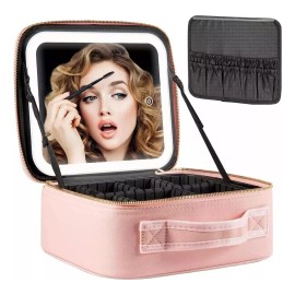 Maletin Estuche De Maquillaje Con Espejo Y Luz Led 3 Modos Rosa