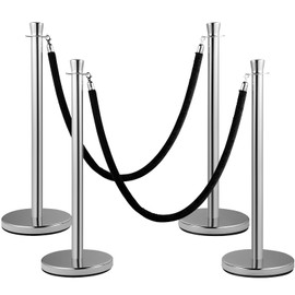 Happybuy Crowd Control Stanchion, Set of 2 Pieces with 5 ft/1.5 m Black Velvet Rope, Silver Crowd Control Barrier with Sturdy Concrete and Metal Base, Easy Connect Assembly