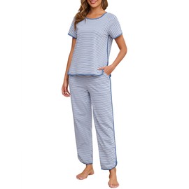 Namatime Womens Pajama Sets Cotton 2 Piece Lounge Set Stripe Short Sleeve Pj Set Comfy Loungewear Sleepwear with Pockets Summer Sleep Wear 2025 Blue Medium
