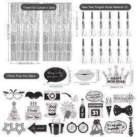 73pcs Black Silver New Years Eve Party supplies Including New Years Hats Happy New Year banner Photo Props Fringe Curtain Backdrop Noisemaker Balloons for New Year's Eve Party NYE Decorations 2026