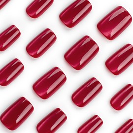 Red Solid Color Press on Nails Short CEWEWP Acrylic Nails Square Fake Nails Cat Eye with Pearl Light Designs False Nails Glossy Glue on Nails Reusable Artificial Stick on Nails for Autumn Women 24Pcs