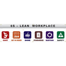 Accuform MBR987 Motivational 6S Safety Banner, Legend"6S - Lean Workplace -SORT -Set in Order -Shine -STANDARDIZE -Sustain -Safety", 28" Length x 8-ft Width, Reinforced Vinyl with Metal Grommets