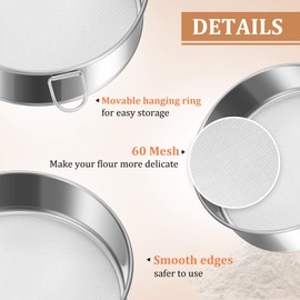 6 Pieces Tamis Flour Sieve Set 6/8/10 Inch Flour Sieve 60 Mesh Stainless Steel Round Sifter for Baking with Dough Scraper and Cleaner Brush