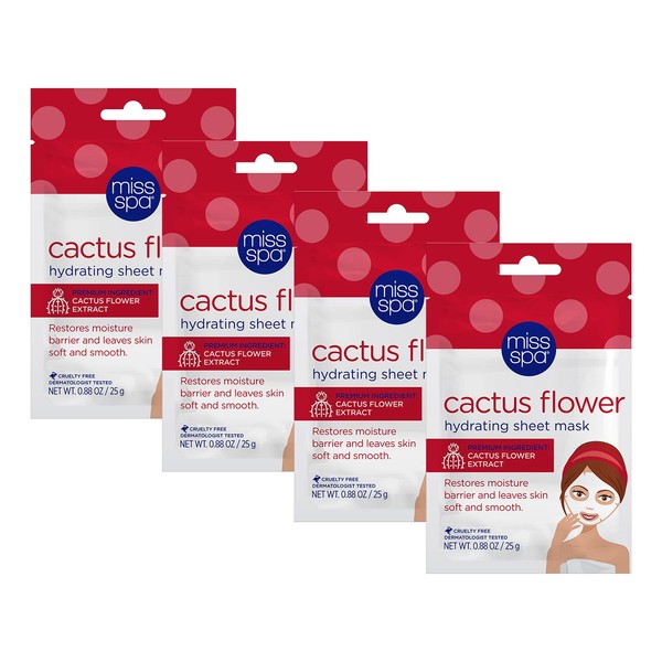 MISS SPA Face Mask Skin Care, Cactus Flower Hydrating Facial Sheet Mask Set, Cactus Jojoba Seed Nourish Moisturize Dry Skin, Hydrating Anti-Aging Skin Care for Women, Dermatologist Tested 4-Pack