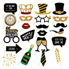 23 PCS 2025 New Year's Eve Photo Booth Props Kits, Black Gold 2025 New Year Party Selfie Photo Props Accessories, Funny Happy New Year Pose Sign Clock Firework Champagne Hat Glasses Tie Beard Lip