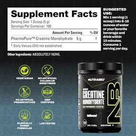 NutraBio Suplemento en polvo de monohidrato de creatina micronizada pura, sin sabor, (17.64 oz) – Apoya la energía para el desarrollo muscular, la rec