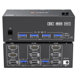 HDMI Displayport KVM Switch 3 Monitors 2 Computers 8K@60Hz/4K@144Hz, USB3.0 KVM Switches for 2 PC Sharing Triple Monitor and Keyboard Mouse with Power Adapter,Wired Extend Controller and USB3.0 Cables