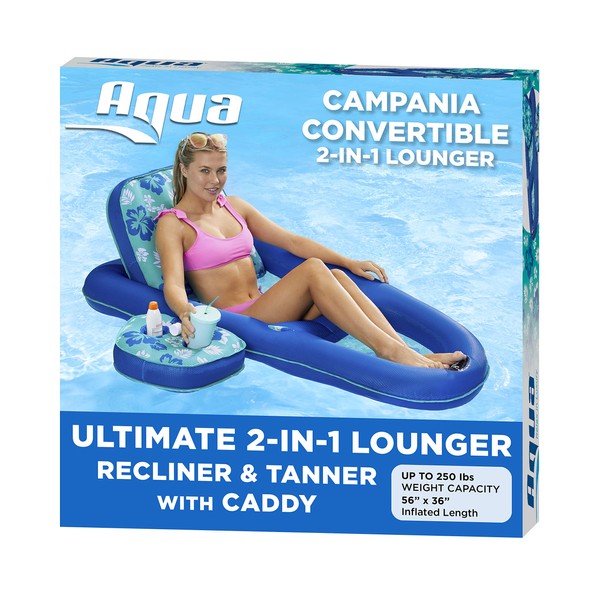 Aqua Campania Ultimate 2 in 1 Recliner & Tanner Pool Lounger with Adjustable Backrest and Caddy, Inflatable Pool Float, Teal Hibiscus (AZL14856)