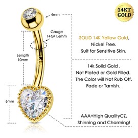 Cocharm 14K Real Gold Belly Button Rings - Cute Heart Shaped Bride Navel Rings - Nickel Free
