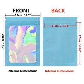 Rimiko 150pcs Pink Holographic Mylar Bags with Clear Window, Aluminum Foil Sample Bags, Self-Sealing Pouches for Packaging and Food Storage (Holographic Sky Blue, 4.7"x7.9")