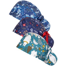 FADACHY Scrub Caps Women, Cotton Working Hat Ponytail Holder Working Cap with Buttons Ribbon Tie for Women Laies, Long Hair, 3 Pcs-singlel Layer, 5 1/8-7 7/8
