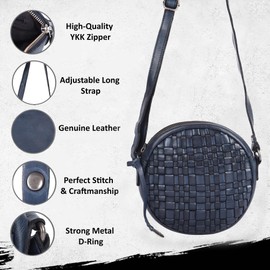 Vilenca Holland Genuine Leather Round Crossbody Bags For Women, Sling Bag For Women Crossbody Purse Trendy Casual, Navy, 20 x 20 x 4.5