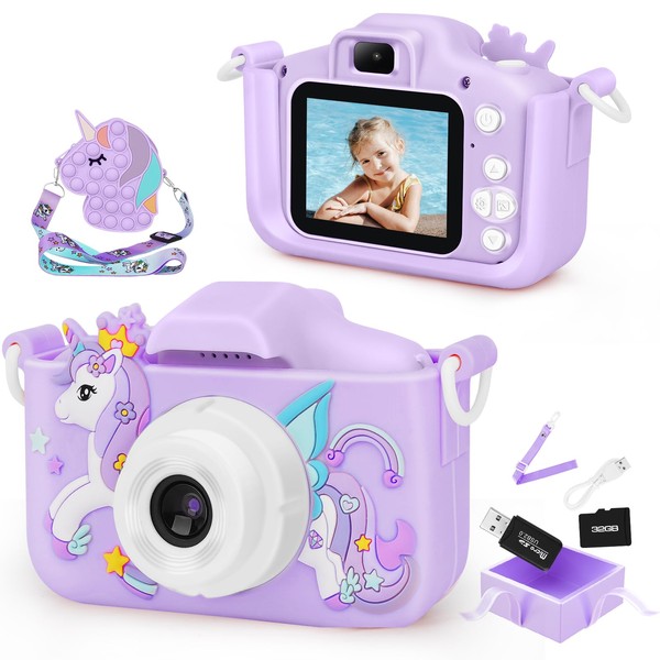ArtCWK Children's Camera, Kids Camera, Unicorn Camera, Girls, 2.0 Inch, 1080P, HD, 4000W, Children's Digital Camera, Dual Lens, 8x Zoom, 32 GBTF Card, Children's Selfie, Toy Camera, Birthday,