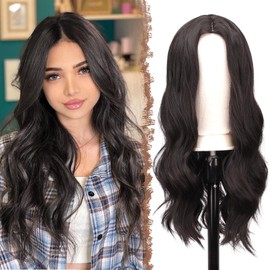 FESHFEN Long Curly Dark Brown Wig, 60 cm Middle Parting Women Wigs Natural Synthetic Wigs Women's Curly Wavy Wig for Party Daily Long Wavy Wig