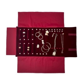 UnionPlus Velvet Jewelry Case Roll Bag for Necklace Bracelet Earrings Rings Multi-compartments, Great Jewelry Organizer for Travel, Burgundy