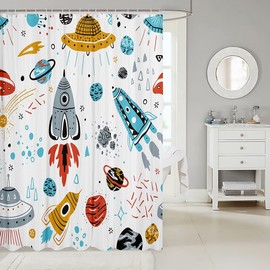 Feelyou Kids Space Rocket Shower Curtain Boys Universe Planet Bathroom Shower Curtain Set for Children Outer Space Adventure Bath Curtain Space Ship Design Waterproof Room Decor 72"x78"