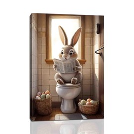 FOTRIC Easter Bunny In Toilet Print Easter Bathroom Wall Art Easter Pictures Wall Decor Funny Bathroom Print Spring Print Easter Wall Decoration Living Room Bedroom Decor Wooden Frame 8x12 inch
