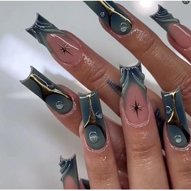 Press On Nails Coffin Square & Almond Shape with Summer Ocean Design, Includes Jelly Gel Tape & Nail File, Must-Have for Women, 24 Pcs