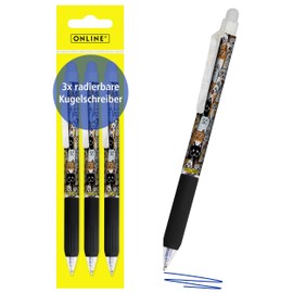 Online magiXX, 3 x Cat Erasable Gel Pens, Blue Erasable with 0.7 mm Line Width, Rollerball Pen for Learning to Write, Office, Erasable Pen Set, Erasable Ballpoint Pen for Students