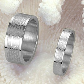 Fashion Month Mens Womens Stainless Steel Vintage Silver Couple Ring Spanish Bible Lords Prayer Cross White Gold Band (The Women's Ring, 9)