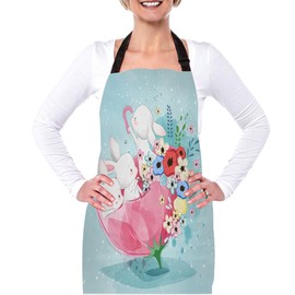 afidomu Kitchen Cooking Apron Cute Rabbit Bunny Spring Pink Umbrella Colorful Flower Apron Home Baking Chef Apron Waterproof For Women Men 31X27 Inches