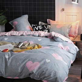 Michorinee Double Duvet Cover Set Pink Heart Printed Grey Bedding Set Microfiber Reversible Pink and Grey Quilt Cover Zipper Closure with 2 Pillowcase 50x75 cm