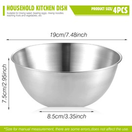 Set of 4 Stainless Steel Mixing Bowls: Diameter 19 cm, Stainless Steel Bowl, Stackable Salad Bowl, Metal Bowl, Snack Bowls for Serving, Cooking, Baking, Dishwasher Safe (1200 ml)