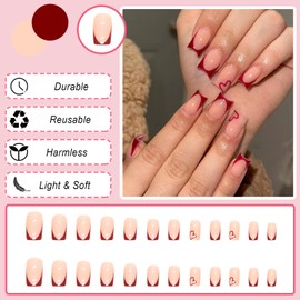 Ceboic 24 Pcs Valentine's Day French Tip False Nails Short, Square Press on Nails Ballet Glossy Fake Nails with Designs, Removable Acrylic Full Cover Stick on Nail for Women and Girls (Red Heart)