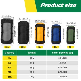 Gulfmew 5 Pcs Compression Sacks for Backpacking 5L/10L/15L/20L/35L Camping Sleeping Bag Stuff Sack Water Resistant Sleeping Bag Storage Sack for Space Saving Hiking Gear(Dark Colors)