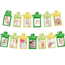 Tropical 12 Month Photo Banner Jungle Safari Theme 1st Birthday Decoration Milestone Garland One Birthday Party Supplies Gold