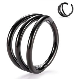 PIERCINGFUN Titanium Triple Hoop Hinged Piercing Nose Rings 18G 10mm for Nostril Septum Cartilage Helix Daith Tragus Rook Conch Lip Ear Lobe Piercings-Black