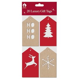 Tallon Pack of 20 Christmas Die-Cut Kraft Gift Tags – 4 Assorted Designs: Ho Ho Ho, Tree, Stag & Snowflake - Perfect for Presents and Gifts for Christmas