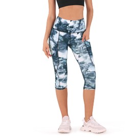 ODODOS Women's High Waisted Pattern Yoga Capri Leggings with Pockets, Tummy Control Non See Through Sports Athletic Workout Running Capris, CrosstalkNavy, XX-Large