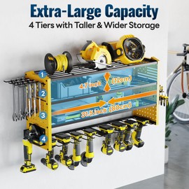 Tomorotec 4-Layer Wall-Mounted Power Tool Storage Rack, Heavy-Duty Steel Drill Organizer with Adjustable Shelves & Side Hooks for Toolbox, Easy Installation Garage & Workshop Storage (Yellow)