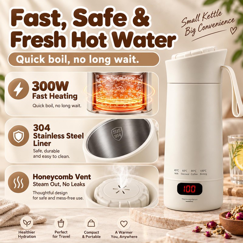 Portable Mini Travel Kettle 400ml with Keep Warm Function, Cream