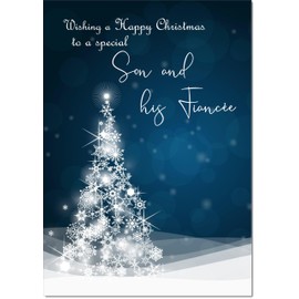 doodlecards Son and Fiancee Christmas Card Blue Contemporary Christmas Tree Medium Size Christmas Card for Son & Fiancee with Plain Envelope