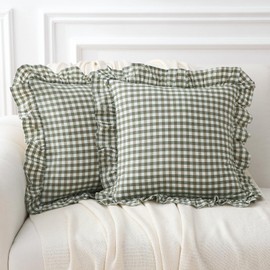 YOKKITA 2 Pack Sage Green White Plaid Ruffle Gingham Throw Pillow Covers 18x18 inches, 100% Cotton French Country Rustic Vintage Decorative Bed Pillow Shams (Sage Green/White, 18x18 inches)