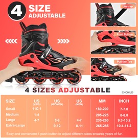 2PM SPORTS Vinal Inline Skates for Girls Boys Kids Ages 5-8 8-12 with Adjustable Illuminating Wheels, Inline Roller Skates for Youth Women Men - Red Large