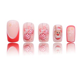 RIICFDD Christmas Press on Nails Medium Square Fake Nails Red French Tip Nails Lovely Puppy Glue on Nails Xmas Bell Stick on Nails Full Cover Red White Stripe False Nails for Women Girls 24 Pcs
