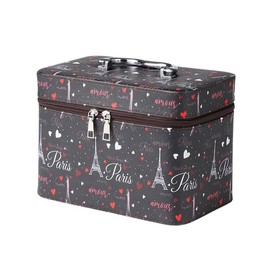 Nollia Paris-Themed Makeup Train Case – Portable Cosmetic Storage Organizer, Eiffel Tower & Heart Pattern, Travel Vanity Box for Women
