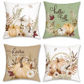 Bonhause Autumn Pumpkin Cushion Covers 45 x 45 cm Fall Leaf Wreath Floral Soft Velvet Decorative Throw Pillow Covers for Sofa Couch Bed Home Garden Patio Decor Set of 4