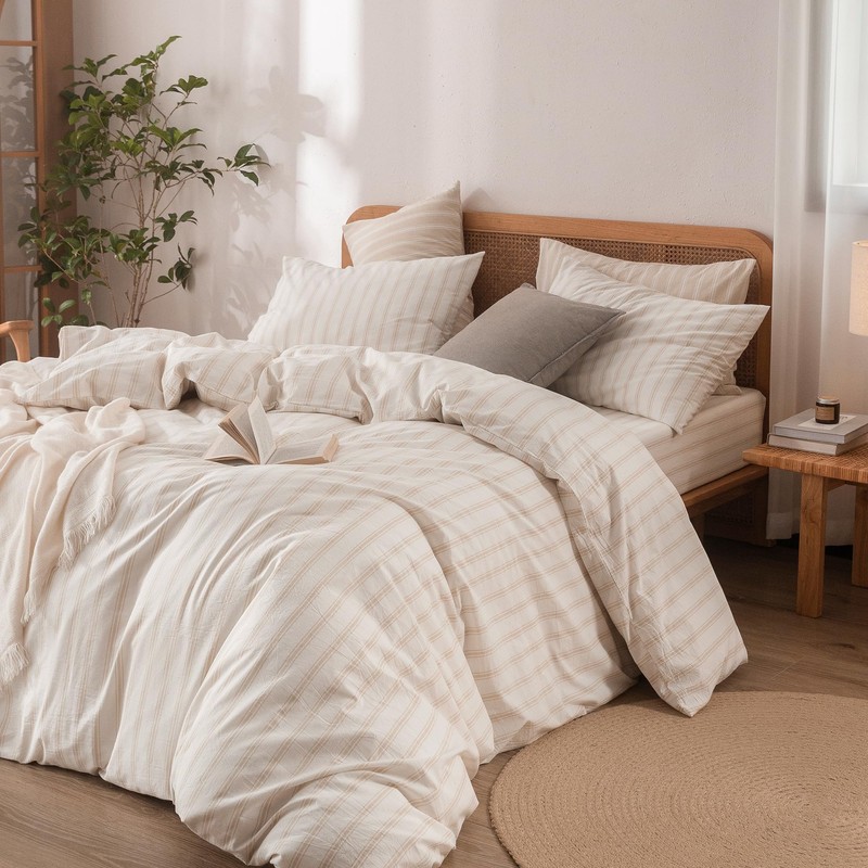 Striped Cotton Duvet Cover Set Linen Feel Queen