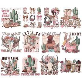 INCOK Western Cowgirl DTF Transfers Ready to Press - 12 PCS Pink Bow Iron on Transfers for Clothing Iron on Patches Vinyl Designs Coquette Heat Decals Stickers for T-Shirts Bag DIY Craft Decor