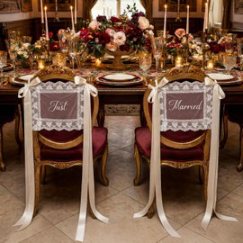 Breling 2 Pcs Lace Just Married Wedding Chair Signs Sweetheart Table Chairs Back Banners Covers Decorations with Ribbon for Bride and Groom, Mr & Mrs Ceremony Reception